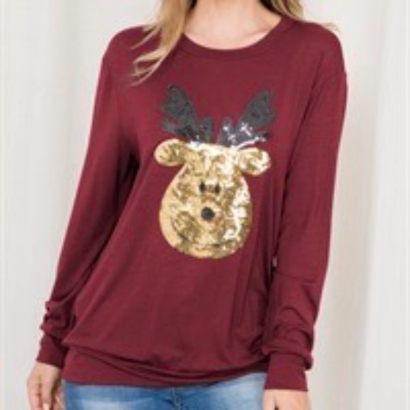 Perfect Peach Tops - Perfect Peach Burgundy Wine Christmas Reindeer Gold Sequins Long Sleeve Shirt